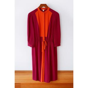 Fossil Rebecca Silk Shirtdress M Maroon Burgundy Colorblock Tie Waist